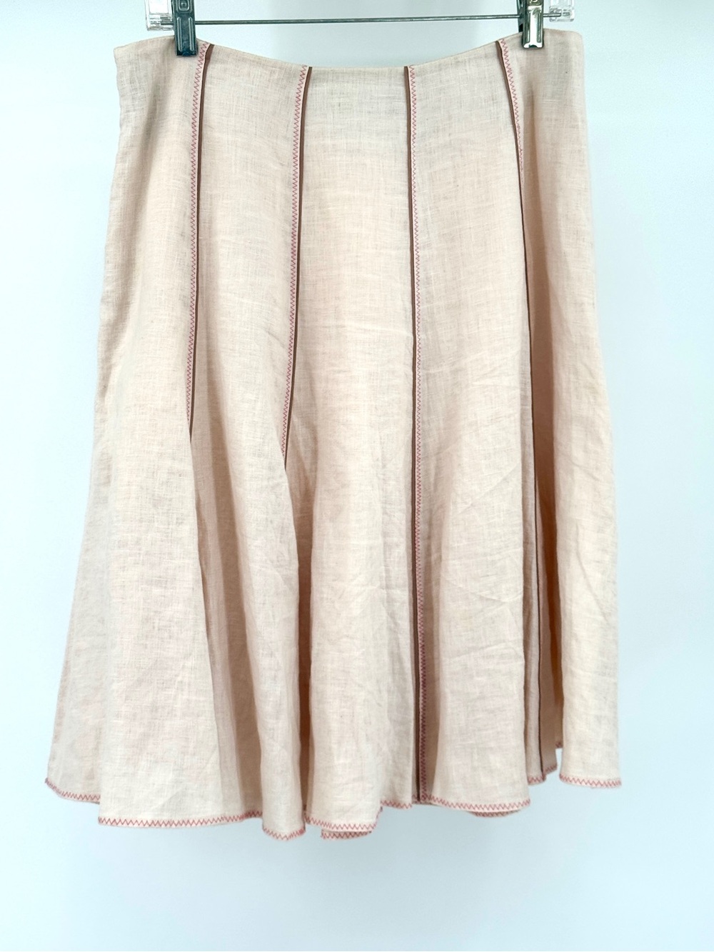 Boden soft pink Linen full flared Skirt with dark Pink Contrast Stitching - Picture 2 of 6